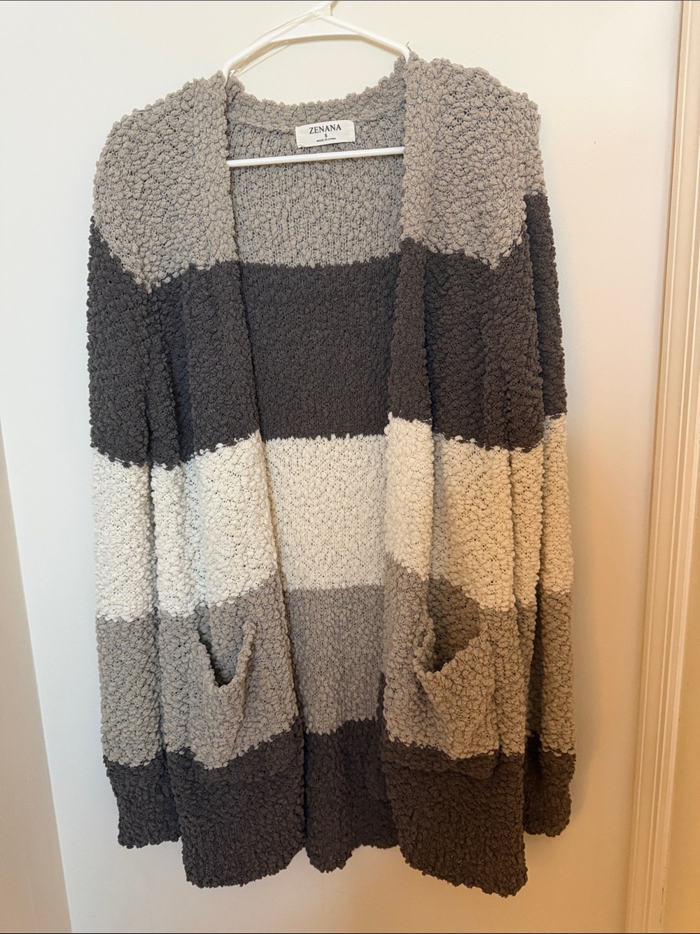 Zenana Cozy Striped Popcorn Cardigan - Gray, Cream, Dark Gray
